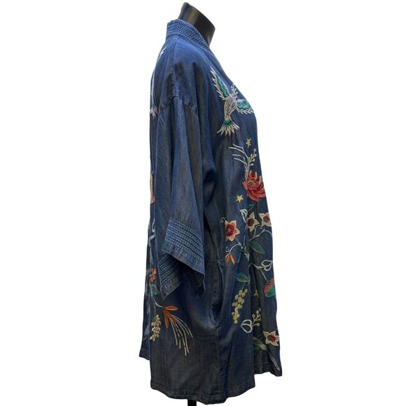 NWT Johnny Was Embroidered Denim-Style Open Cardigan M/L Blue Floral - Picture 3 of 7